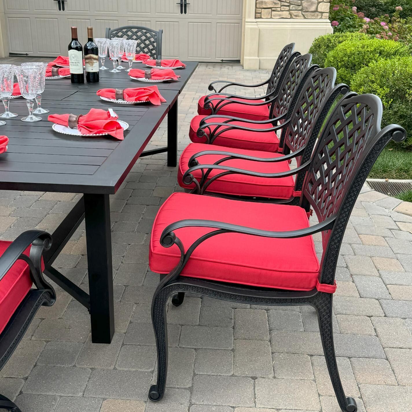 Darlee B/DL13-11PCDR-2350LE-R Nassau 11 Pc Cast Aluminum Dining Set w/ Rocker in Antique Bronze w/ Red Cushions - Chair Side View - Lifestyle thumbnail