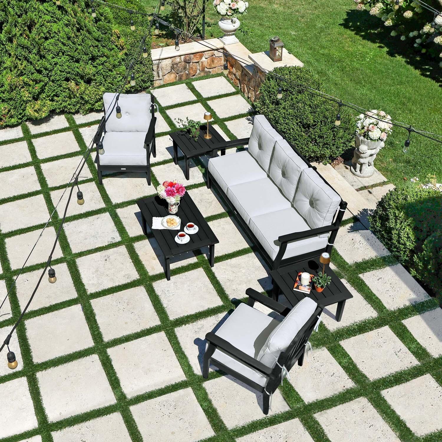 Blushing Bay 6 Pc Recycled Plastic Seating Set w/ Sofa in Bliss Linen/Black by Lakeview Outdoor Designs - Top View - Lifestyle thumbnail
