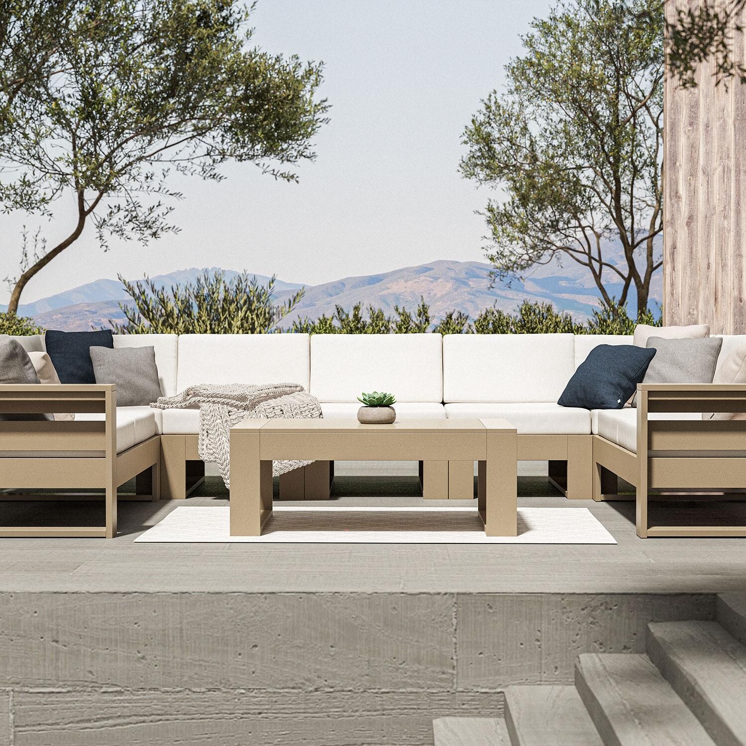 Latitude 6 Person Sectional Sofa in Vintage White/Dune Burlap By PW Designer Series - Shown in Vintage Sahara/Dune Burlap Finish - Patio (Coffee Table Not Included) - Lifestyle thumbnail