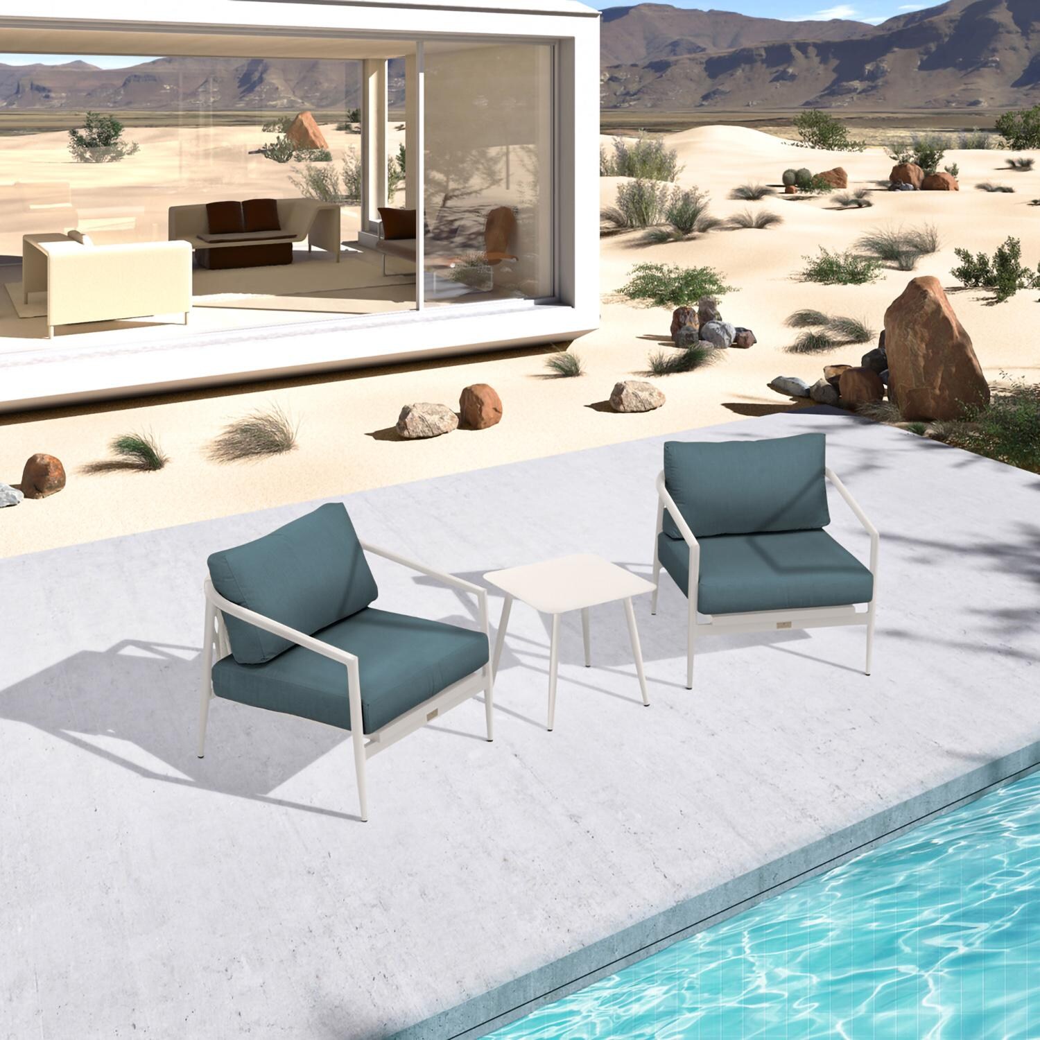 Lakeview Midnight Cove 3 Pc Aluminum Club Chair Seating Set in Urban Stone/Carrera/Cast Lagoon - Top - Lifestyle thumbnail