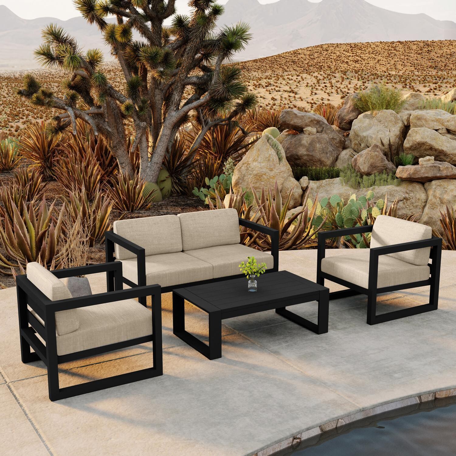 Lakeview MSTYMAS-BK-4SS-CF Misty Cove 4 Pc Aluminum Seating Set in Black w/Loveseat & Canvas Flax Cushions by Lakeview Outdoor Designs - By the Pool - Lifestyle thumbnail
