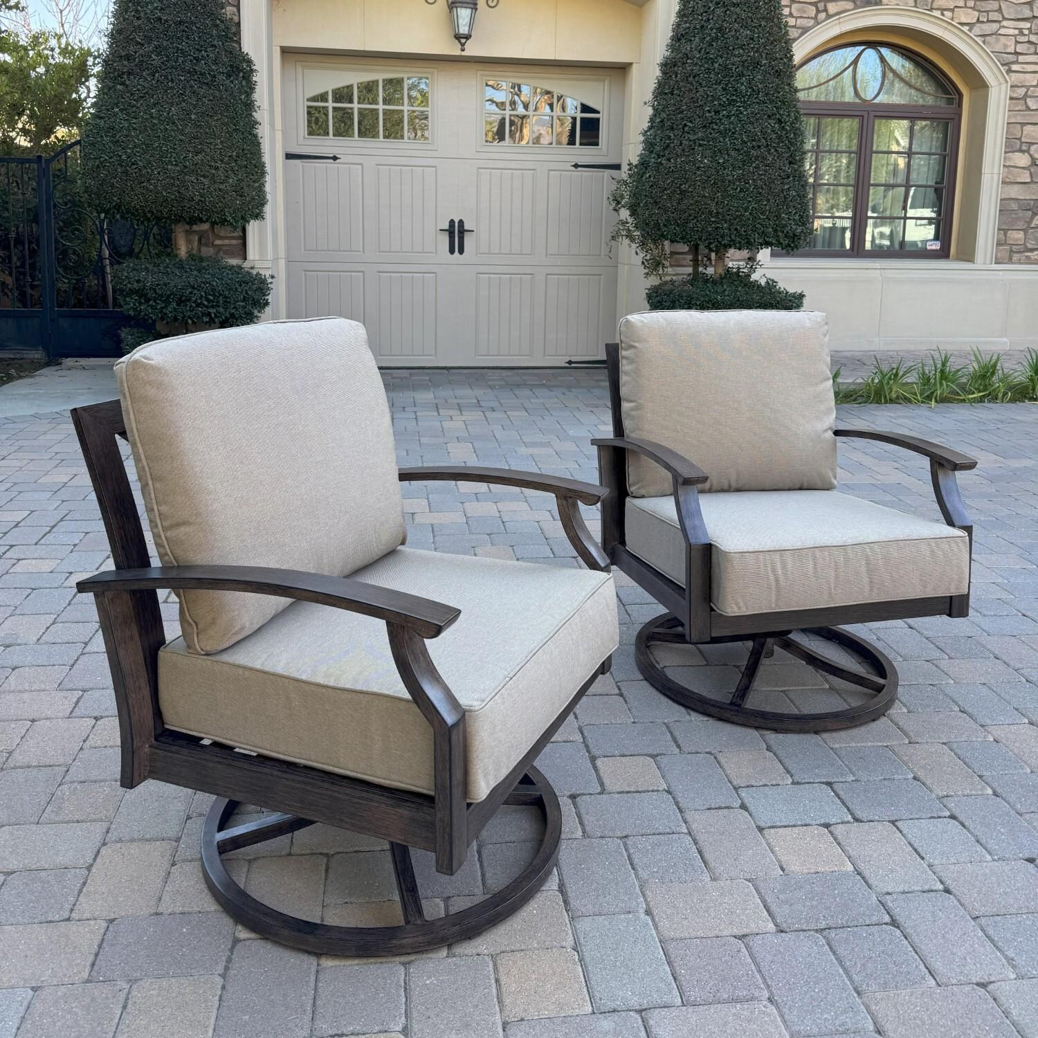 Atlantis 3 Pc Aluminum Seating Set w/ 2 Swivel Rocker Club Chairs in Walnut/Beige by Darlee - Chairs - Lifestyle thumbnail