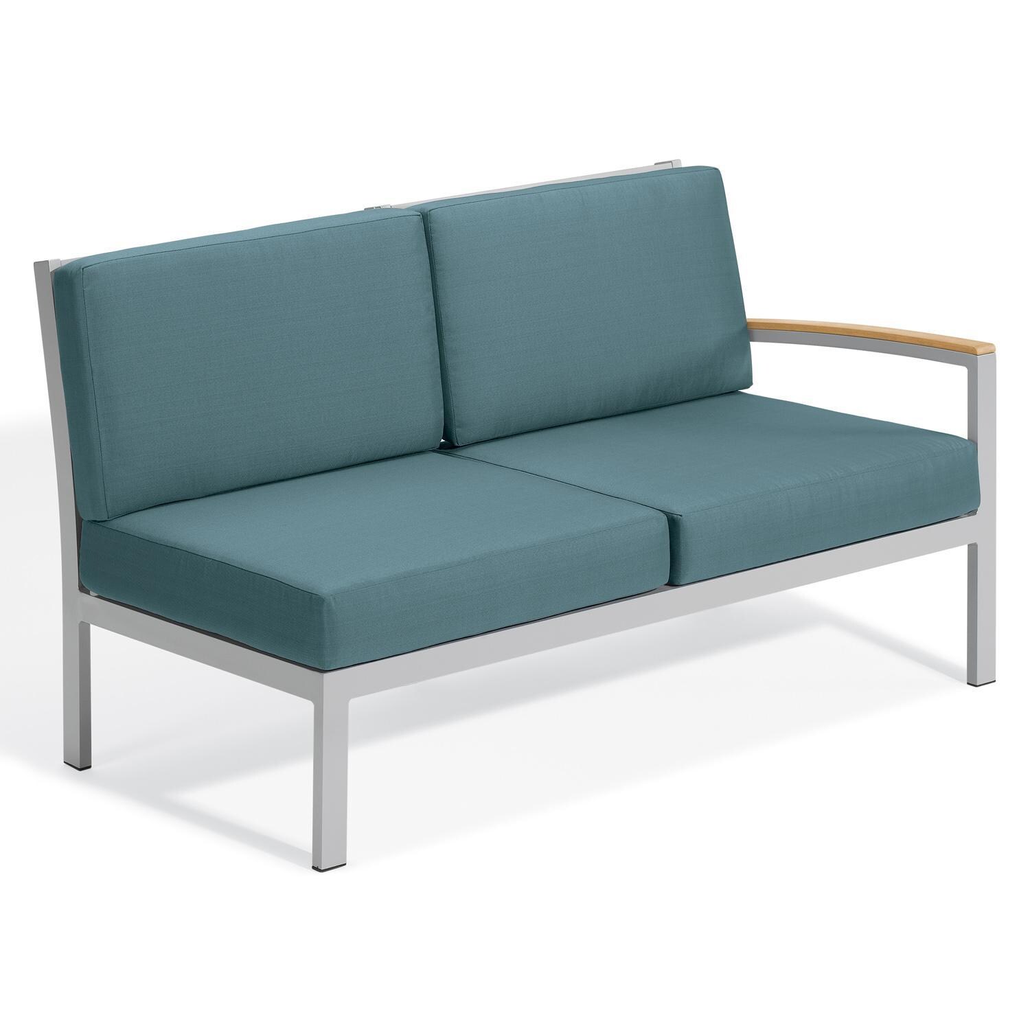 Travira Aluminum Sectional Right Arm Loveseat w/ Natural Tekwood Arm Caps in Flint/Ice Blue by Oxford Garden