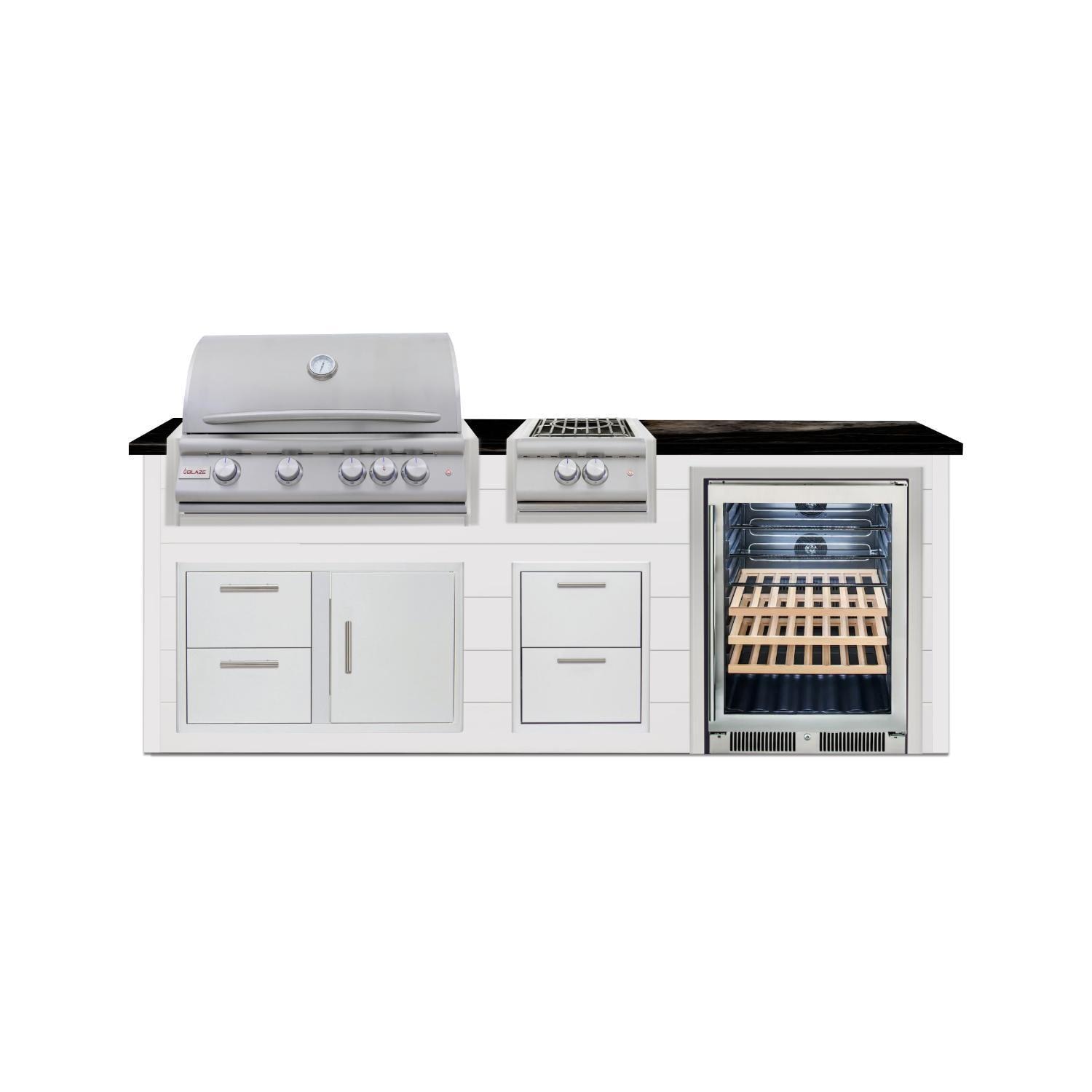 BBQGuys Signature 8 Ft Grill Island w/ 32 Inch Natural Gas Blaze Premium LTE+ Grill Power Burner, Beverage Center, Narrow Trash Bin & Door & Drawer | Crystal White w/ Nero Mist Granite - Front - White Background thumbnail