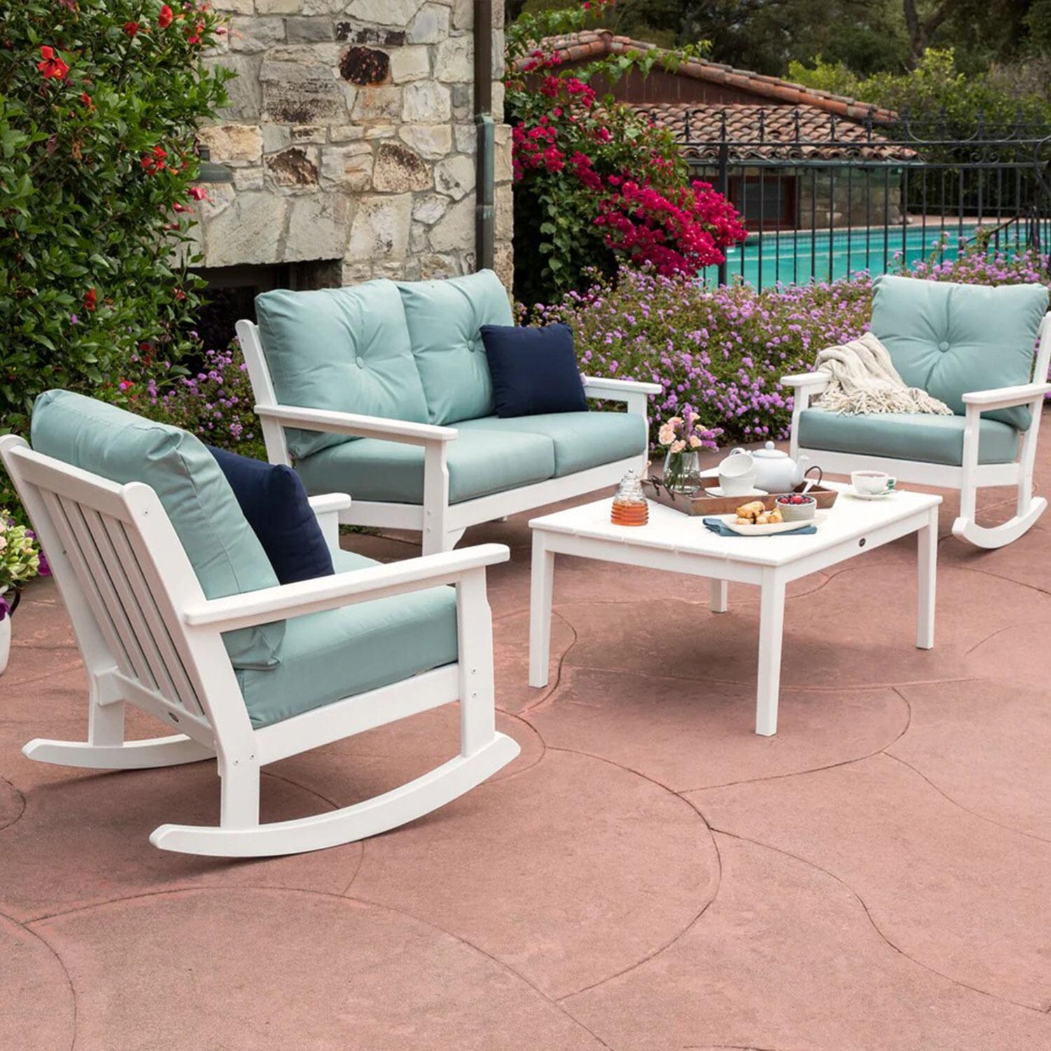 POLYWOOD Vineyard Black & Grey Mist 4-Piece Deep Seating Rocking Chair Set - By The Pool - Shown in White finish - Lifestyle thumbnail