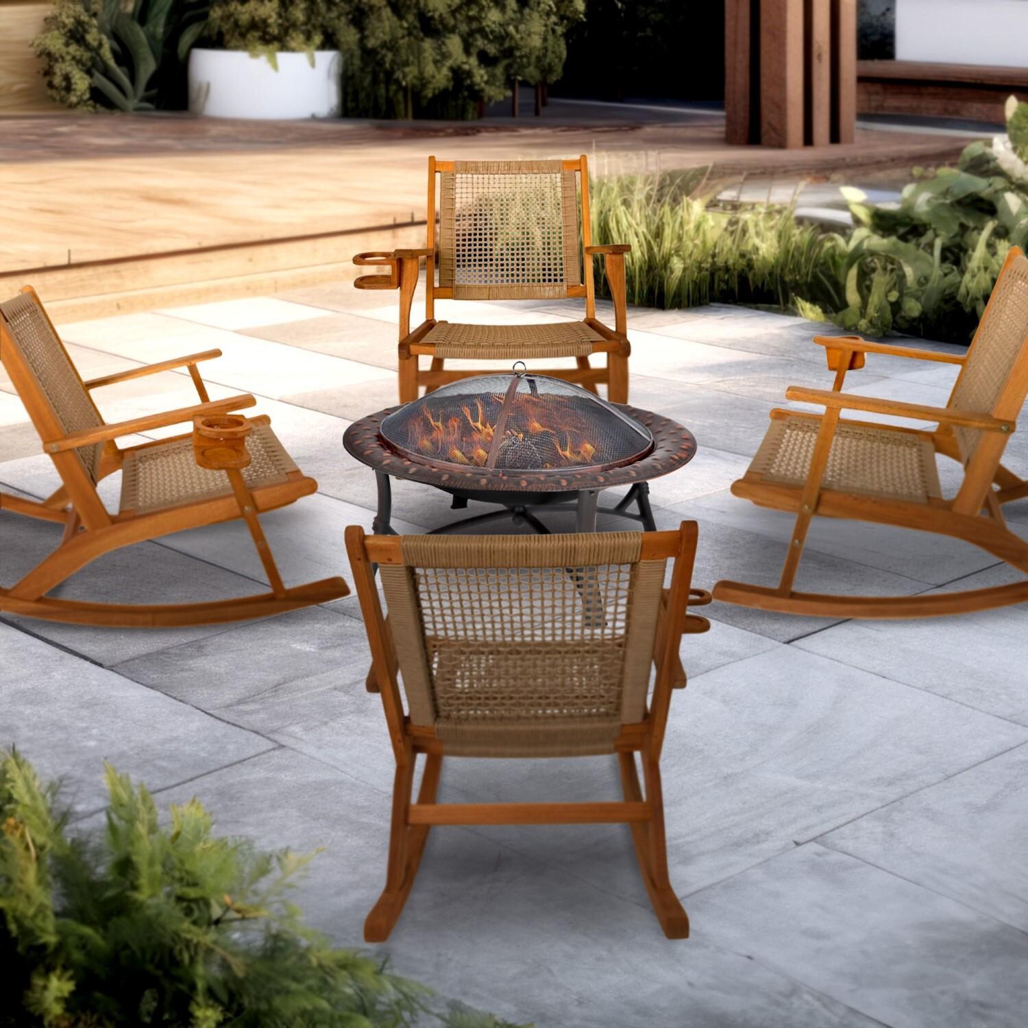 Crewview 5 Pc Outdoor Rocking Chair Set w/ Beverage Holder & Wood Burning Fire Pit by Ultimate Patio - Lifestyle thumbnail