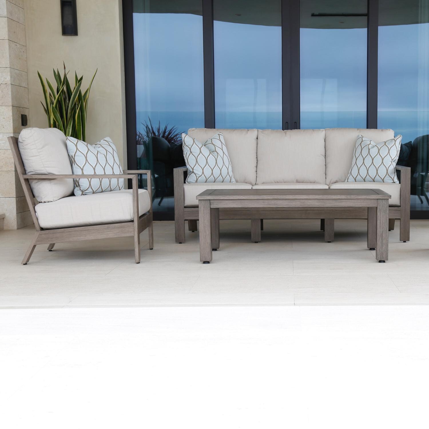 Sunset West Laguna 4 Piece Aluminum Patio Conversation Set W/ Sunbrella Canvas Flax Cushions thumbnail