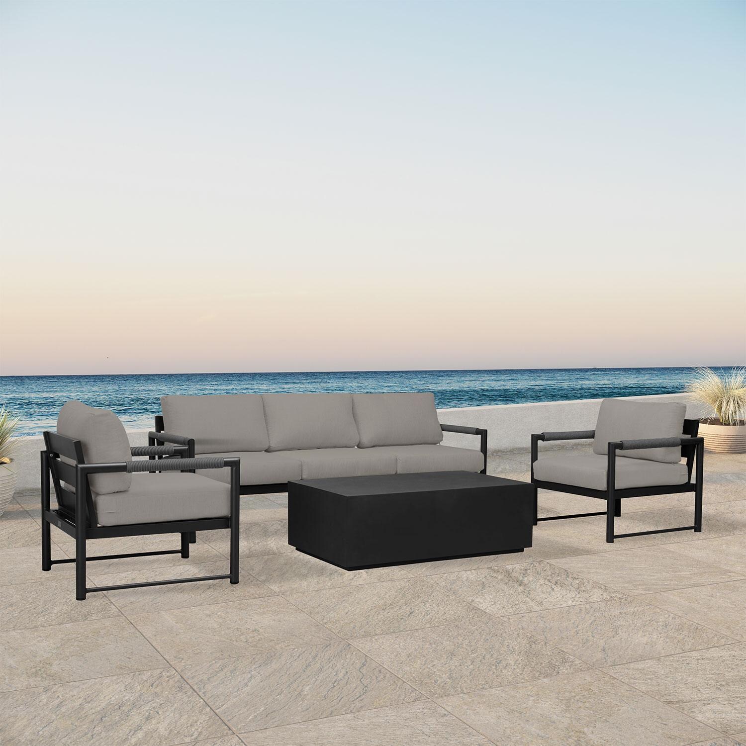 Lakeview AVEBAY-BK-CO-SET135-CC Avenue Bay Black/Carbon 4 Pc Sofa Set - Canvas Charcoal - Angled On Patio - White Background thumbnail