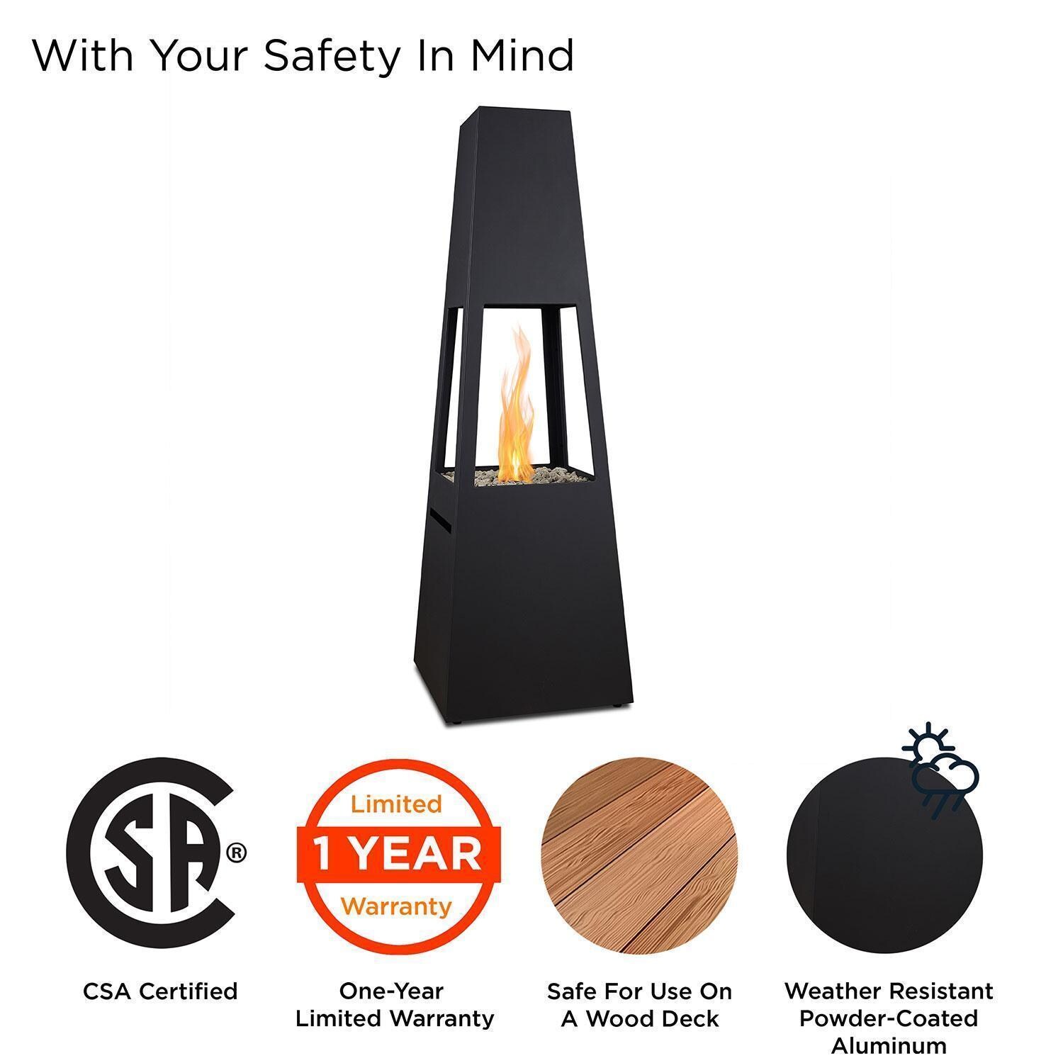 Metal Chiminea 70 Inch Square Fire Pit W/ Hidden Propane Tank in Black by Lakeview Outdoor Designs - Precautions Callout - Detail thumbnail
