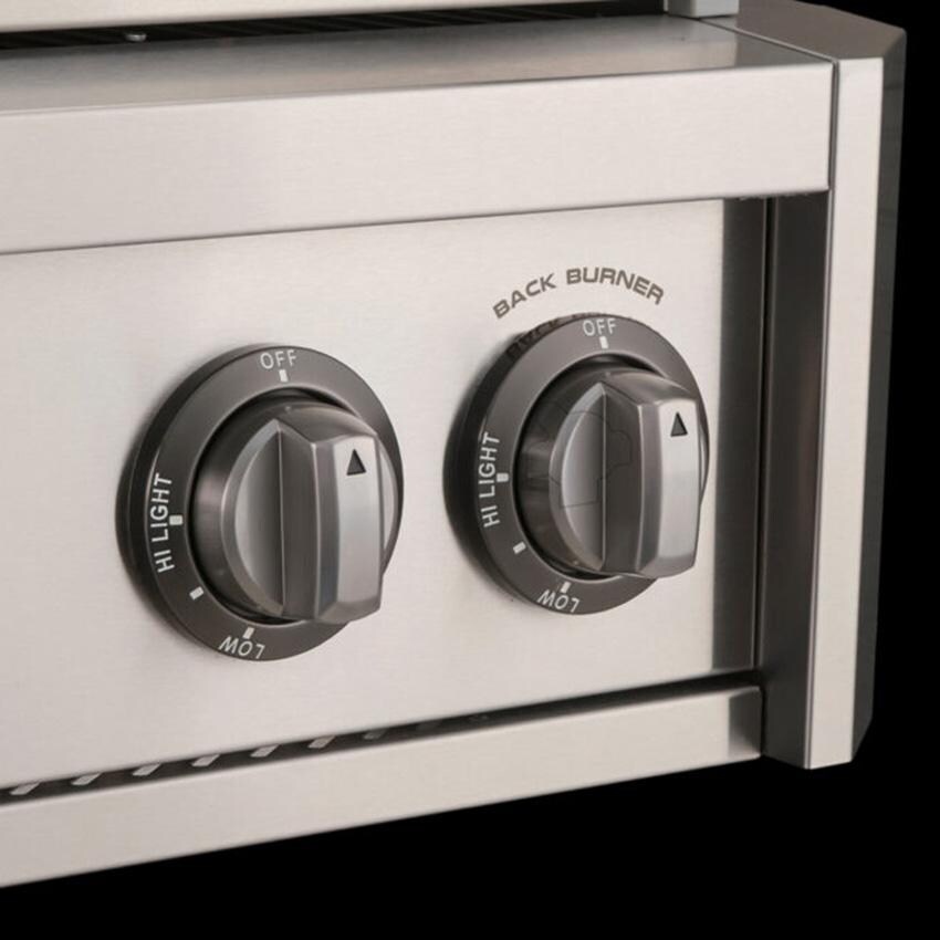 American Outdoor Grill L-Series 24-in 2-Burner Propane Grill w/ Lights & Rotisserie Kit on Accessible In Ground Post - Knobs - Detail