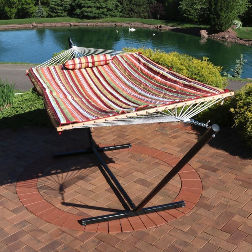 Ultimate Patio Rope Hammock w/ 12-Foot Stand, Pad, & Pillow - Tropical Orange Stripe - Lifestyle thumbnail