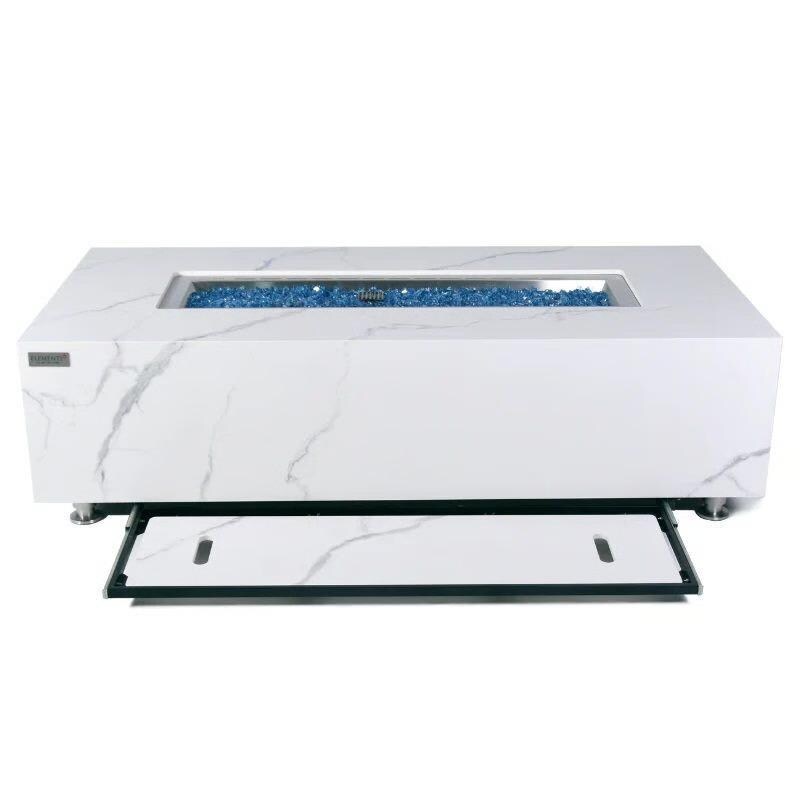 Elementi Carrara 28-Inch Rectangle Marble Porcelain Propane Fire Pit Table - White -Front View - White Background thumbnail
