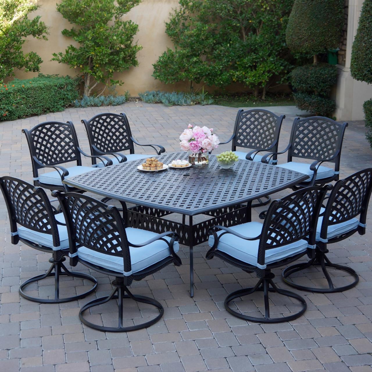 Darlee Nassau 9 Pc Cast Aluminum Dining Set in Antique Bronze w/ Blue Cushions By - B/DL13-9PCAR-30W-B