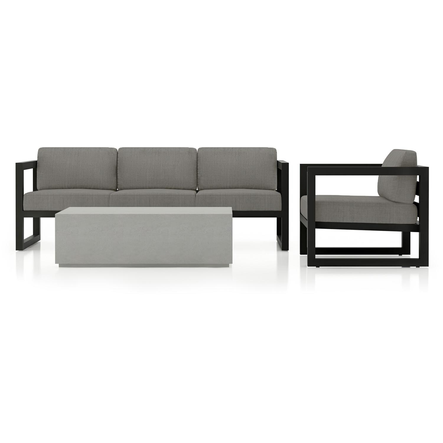 Lakeview MSTYMAS-BK-3SS-CC Misty Cove 3 Pc Aluminum Seating Set in Black w/Mason Coffee Table & Canvas Charcoal Cushions by Lakeview Outdoor Designs - Set - White Background thumbnail