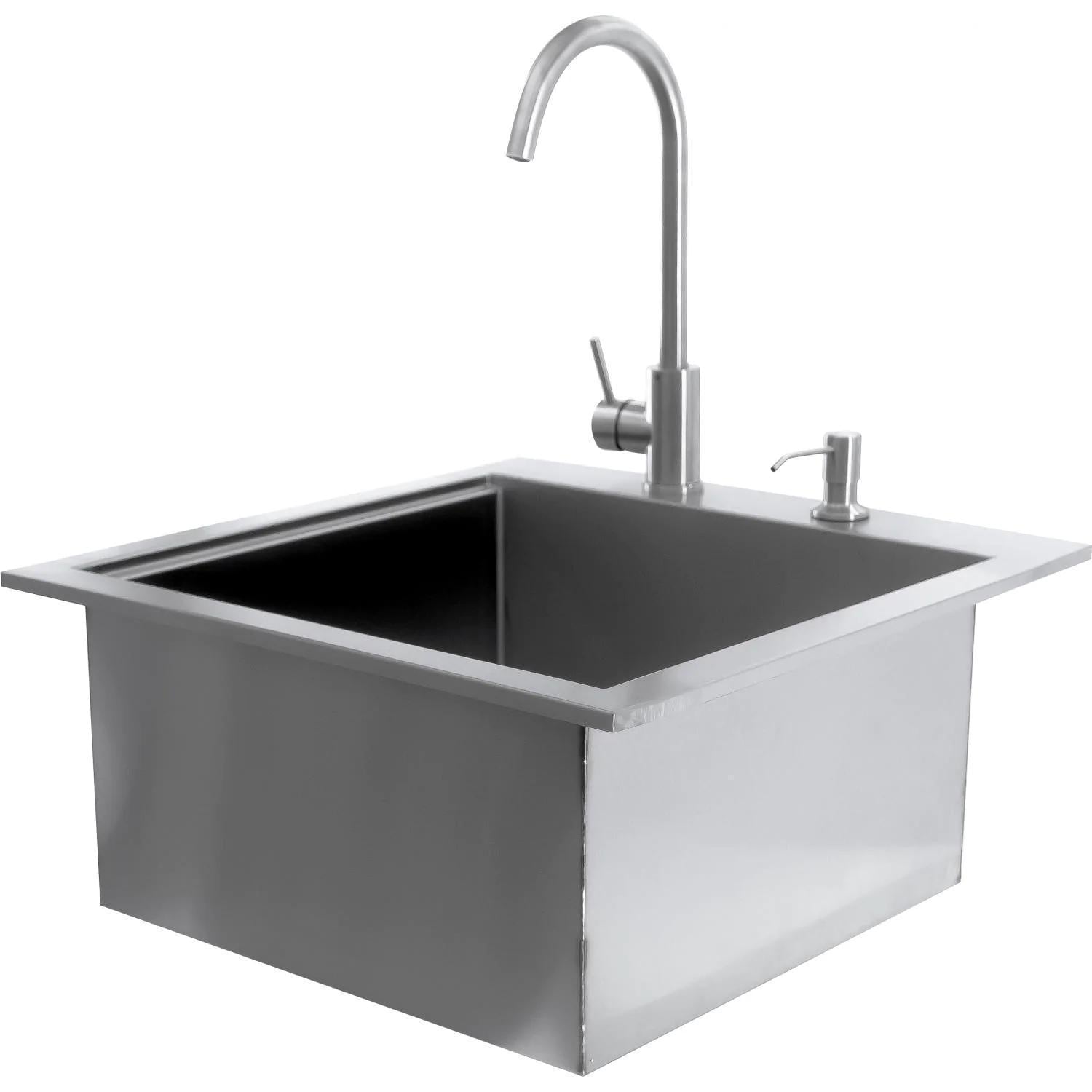 BBQGuys Signature BBQ-260-SINK-21 Contempo 21-Inch Outdoor Rated Stainless Steel Drop In Sink With Hot/Cold Faucet - Without Lid - White Background thumbnail