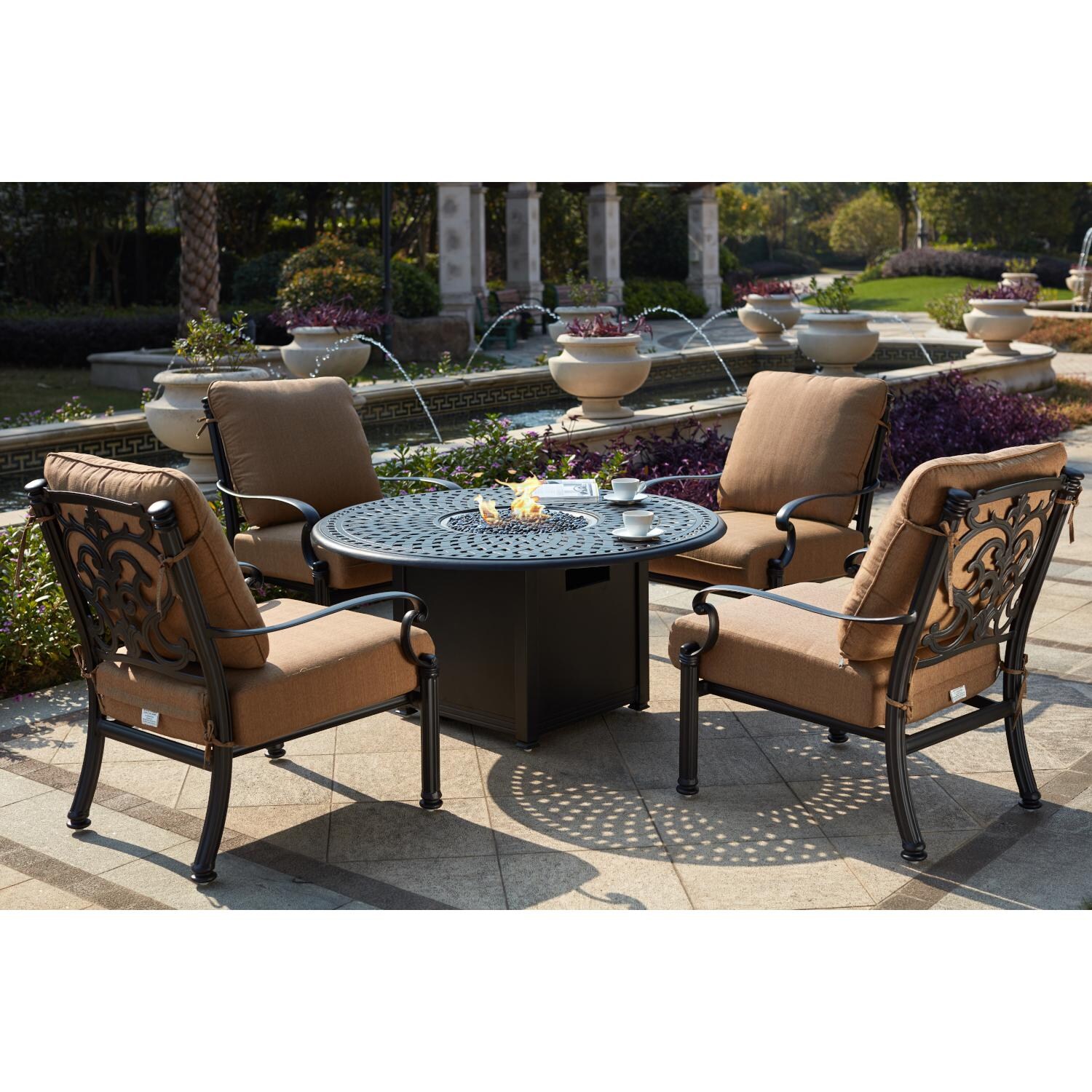 Darlee 201018-5PC-60QB Santa Barbara 5 Piece Cast Aluminum Patio Fire Pit Conversation Set W/ Sesame Cushions - Lifestyle thumbnail