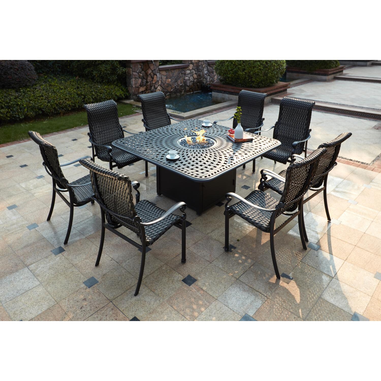 Darlee 501210-9PC-60GW Victoria 9 Piece Resin Wicker Patio Fire Pit Dining Set W/ 64 Inch Square Table - Lifestyle thumbnail