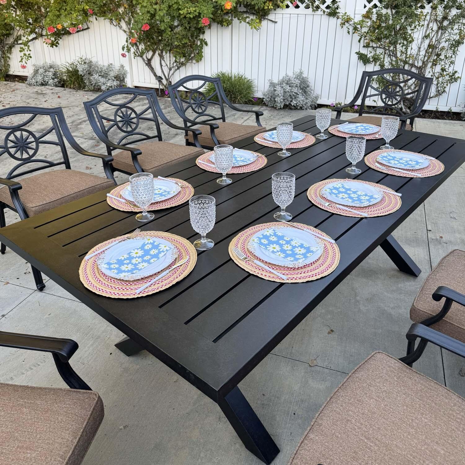 Ten Star 9 Pc Cast Aluminum Swivel / Rocker Dining Set in Antique Bronze/Sesame by Darlee - Close Up - Lifestyle thumbnail