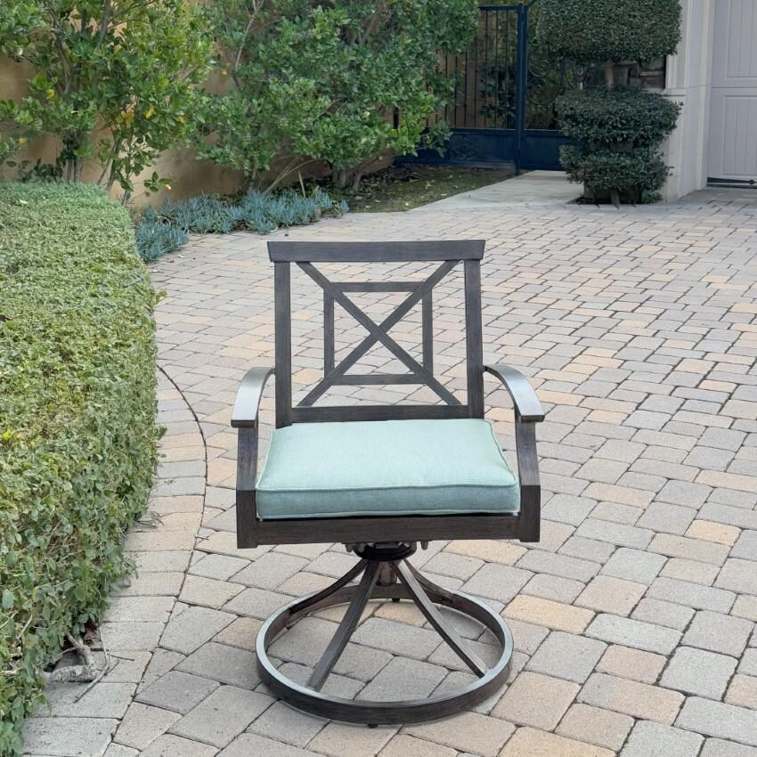 Atlantis Aluminum Swivel Rocker Set of 2 w/ Spa Cushions in Walnut By Darlee - Single Chair From Front - Lifestyle thumbnail