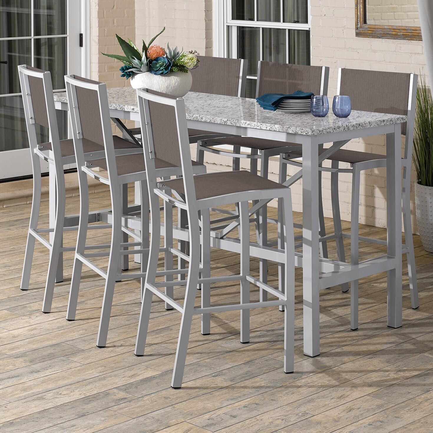 Travira 7 Piece Aluminum Patio Bar Set W/ 72 X 30 Inch Rectangular Lite-Core Ash Table By Oxford Garden - Cocoa Sling