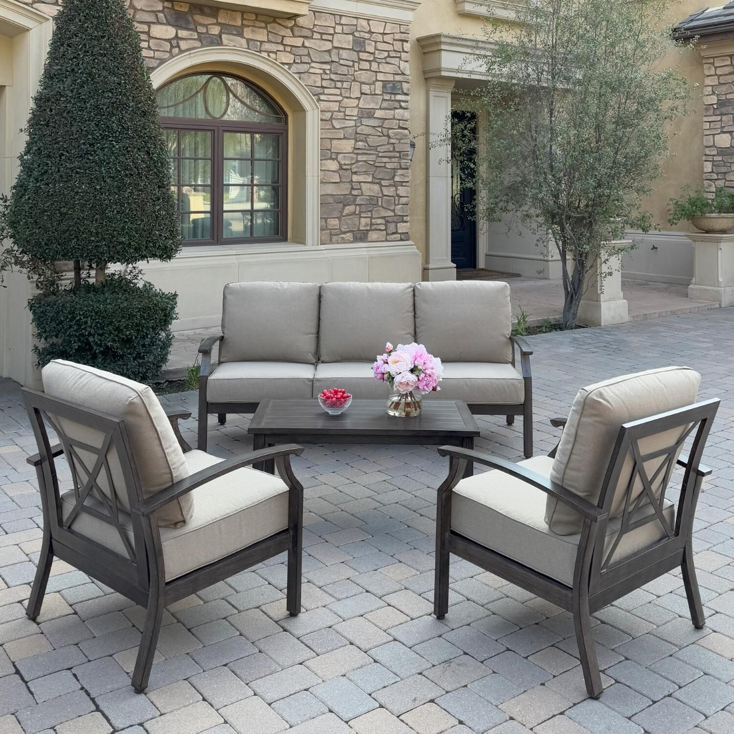 Atlantis 4 Pc Aluminum Seating Set w/ Sofa & 2 Club Chairs in Walnut/Beige by Darlee - Hero - Lifestyle thumbnail