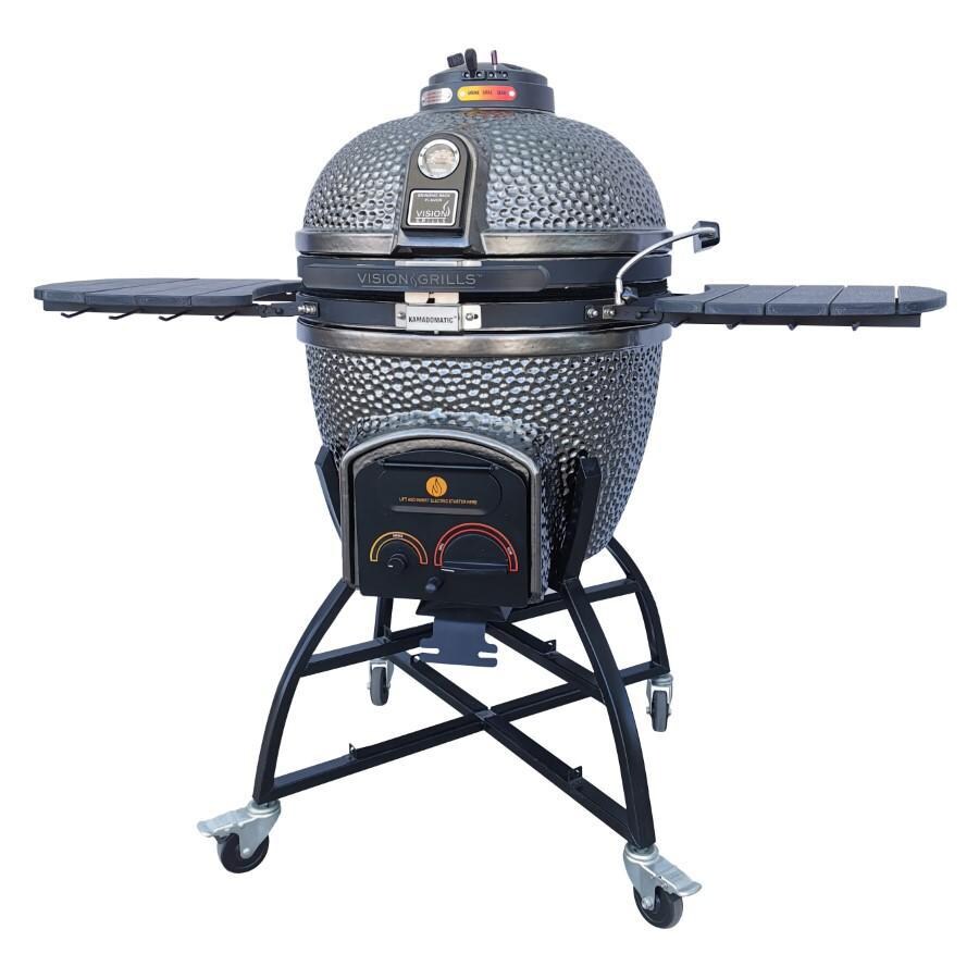 Vision Grills XD-402MG Vision Elite Series XD402 Deluxe 20-Inch Kamado Grill - Metallic Gun Metal Grey - Closed From Right thumbnail