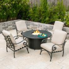 Elysian 5 Piece Aluminum Patio Fire Pit Conversation Set W/ Sunbrella Canvas Antique Beige Cushions By Lakeview Outdoor Designs image