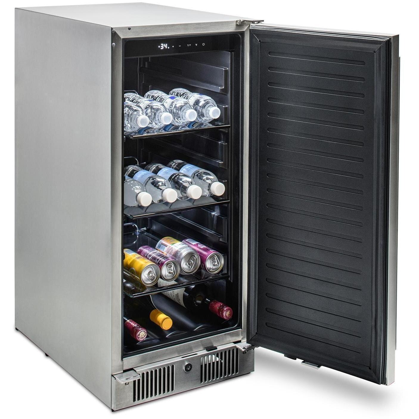 Blaze BLZ-SSRF-15 15-in 3.2 Cu. Ft. Outdoor Rated Compact Refrigerator - Side View w/ Drinks - White Background thumbnail