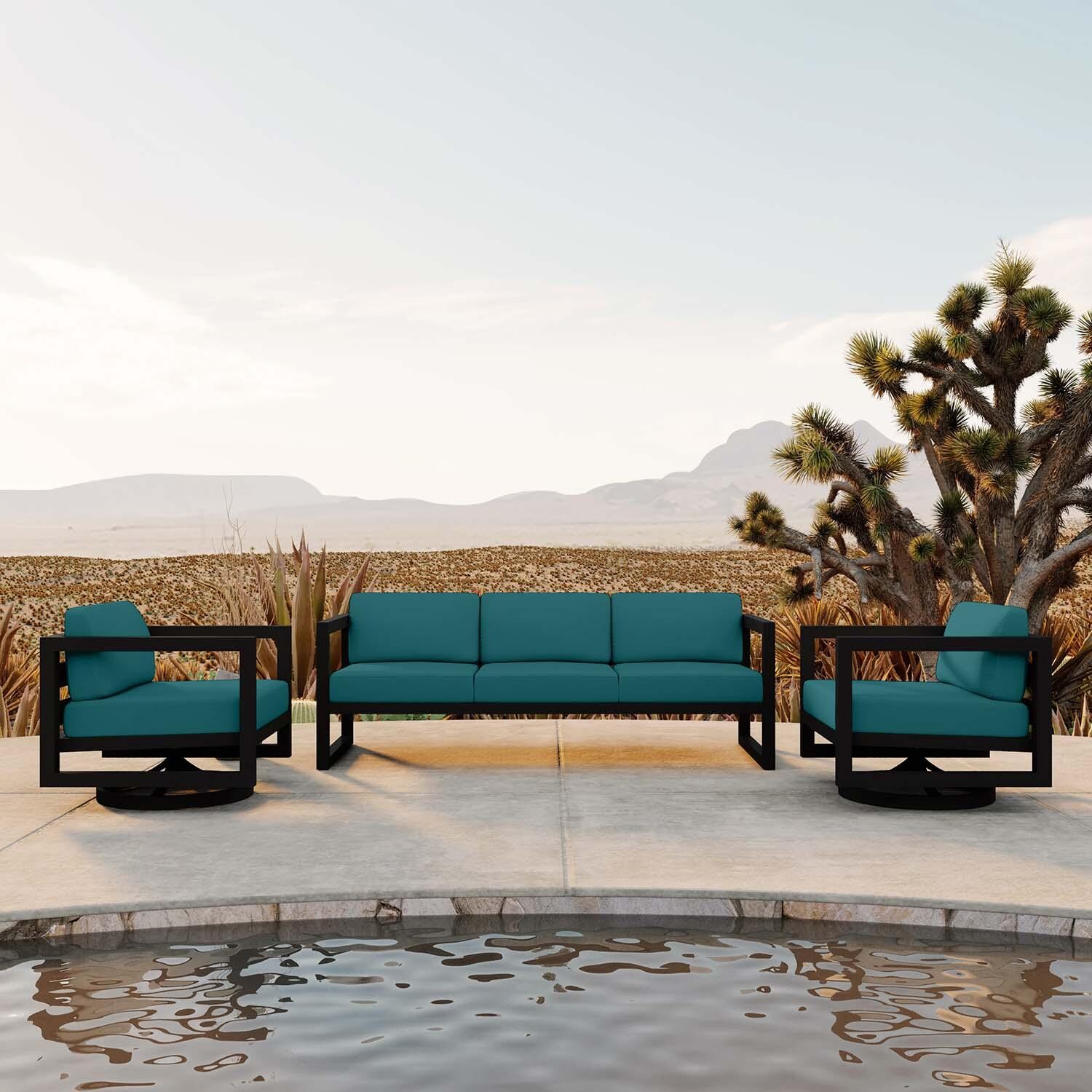Misty Cove 3 Pc Aluminum Sofa Seating Set w/ Swivel Chairs in Black/Spectrum Peacock by Lakeview Outdoor Designs