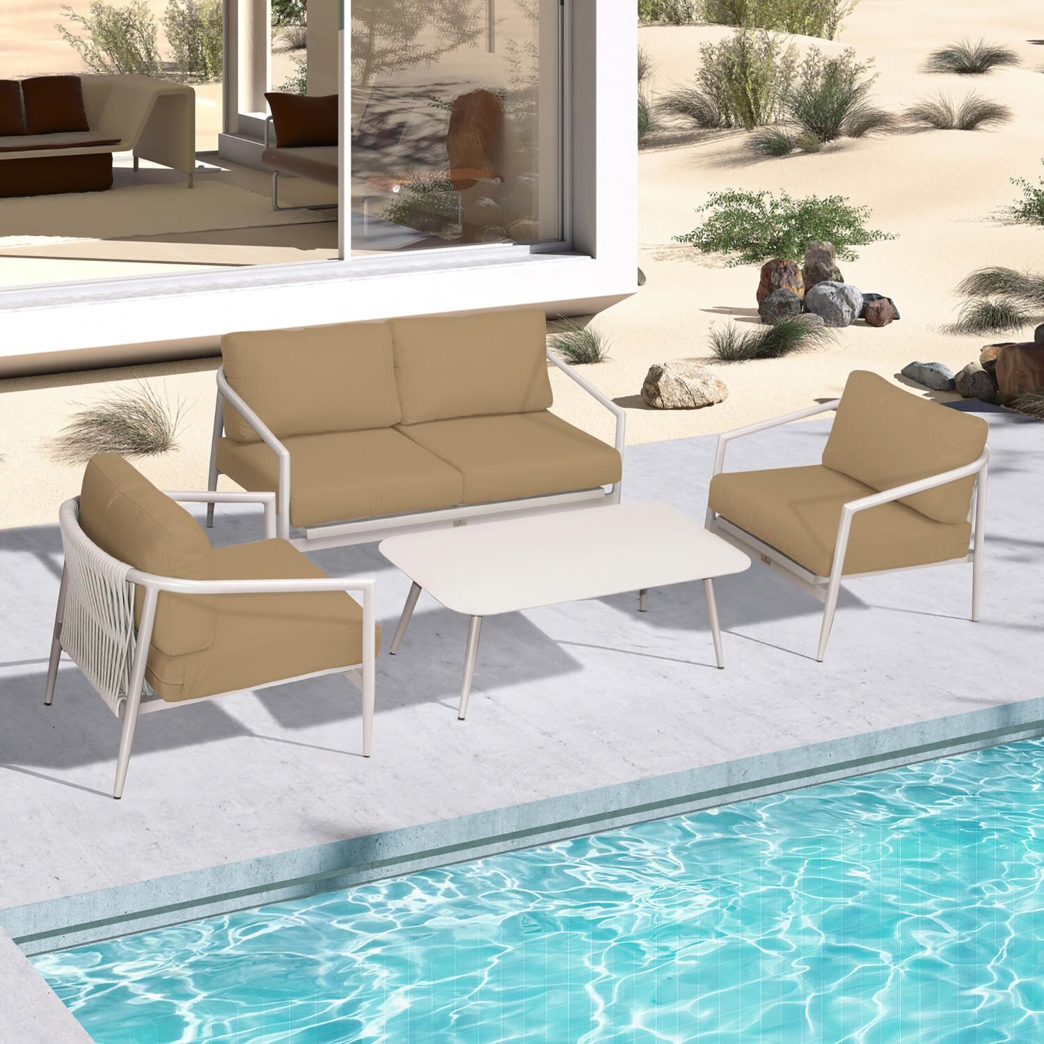 Lakeview Midnight Cove 4 Pc Aluminum Loveseat Seating Set in Urban Stone/Carrera/Heather Beige - Top - Lifestyle thumbnail