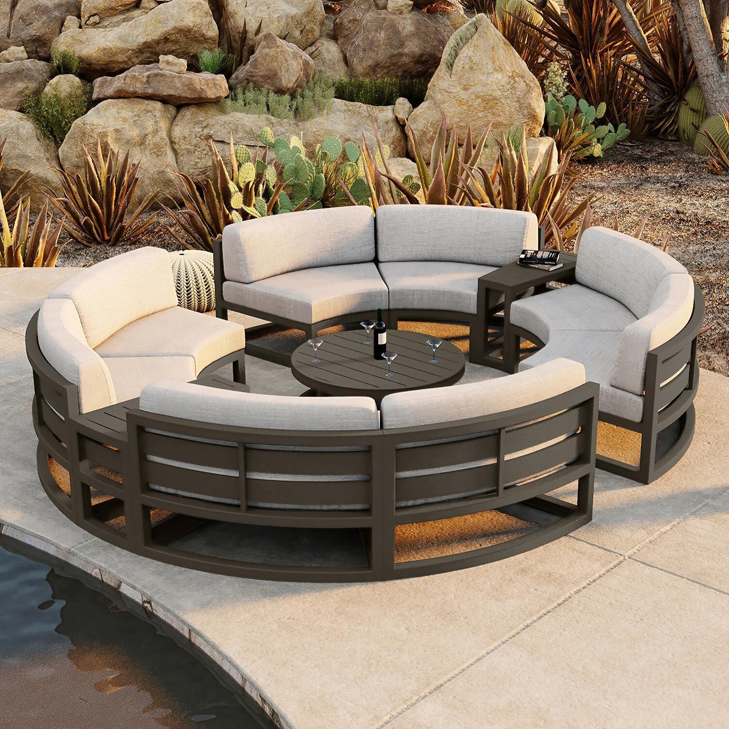 Misty Cove 7 Piece Curve Sectional Set in Slate w/Coffee Table & Cast Silver Cushions by Lakeview - By the Water - Lifestyle thumbnail