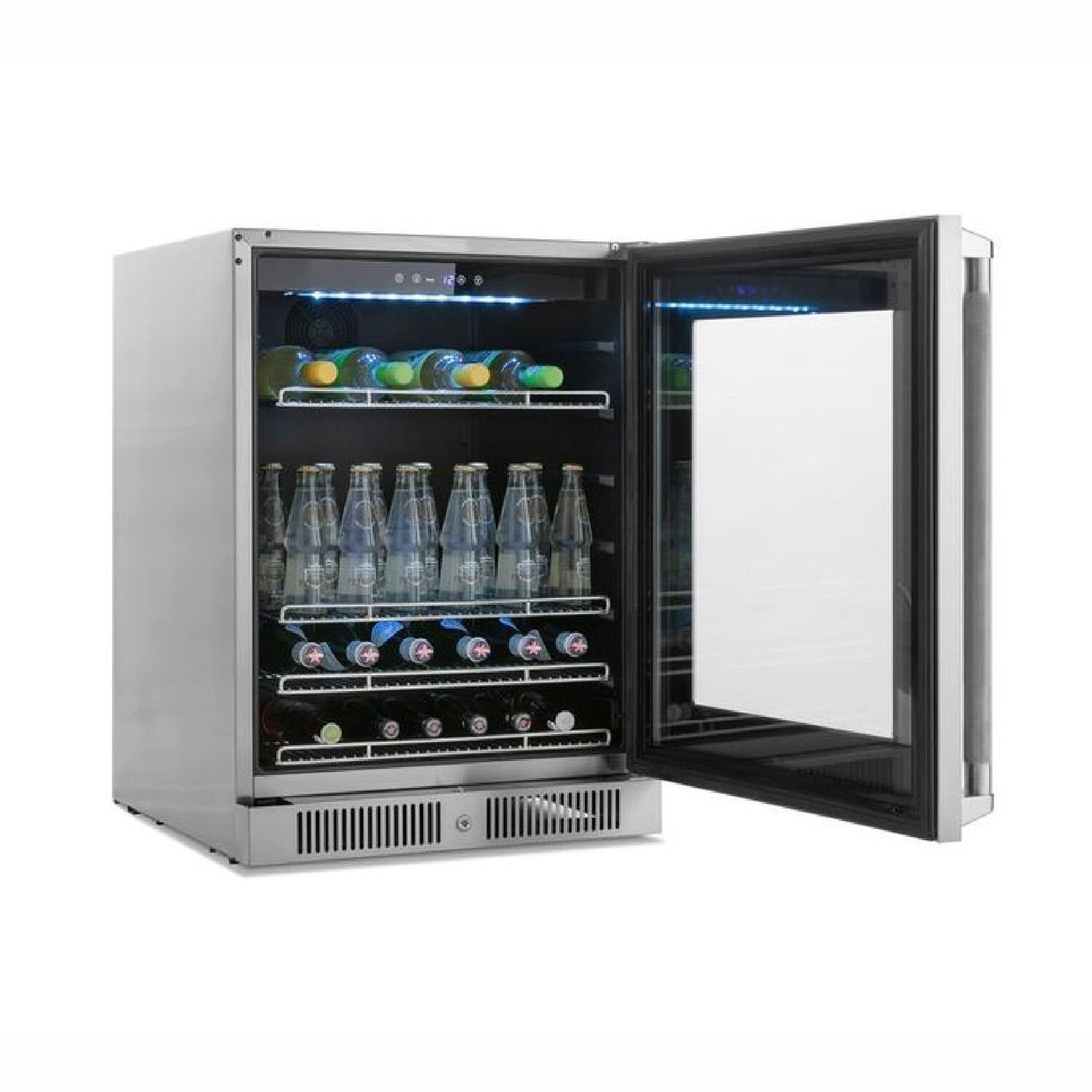 NewAge Products 67913 Classic Series 10 Ft Outdoor Kitchen Island w/ 33-in Propane Grill, Glass Door Refrigerator, Trash Bin, Door & Drawer in Grove/Stainless Steel - Fridge Open - White Background thumbnail