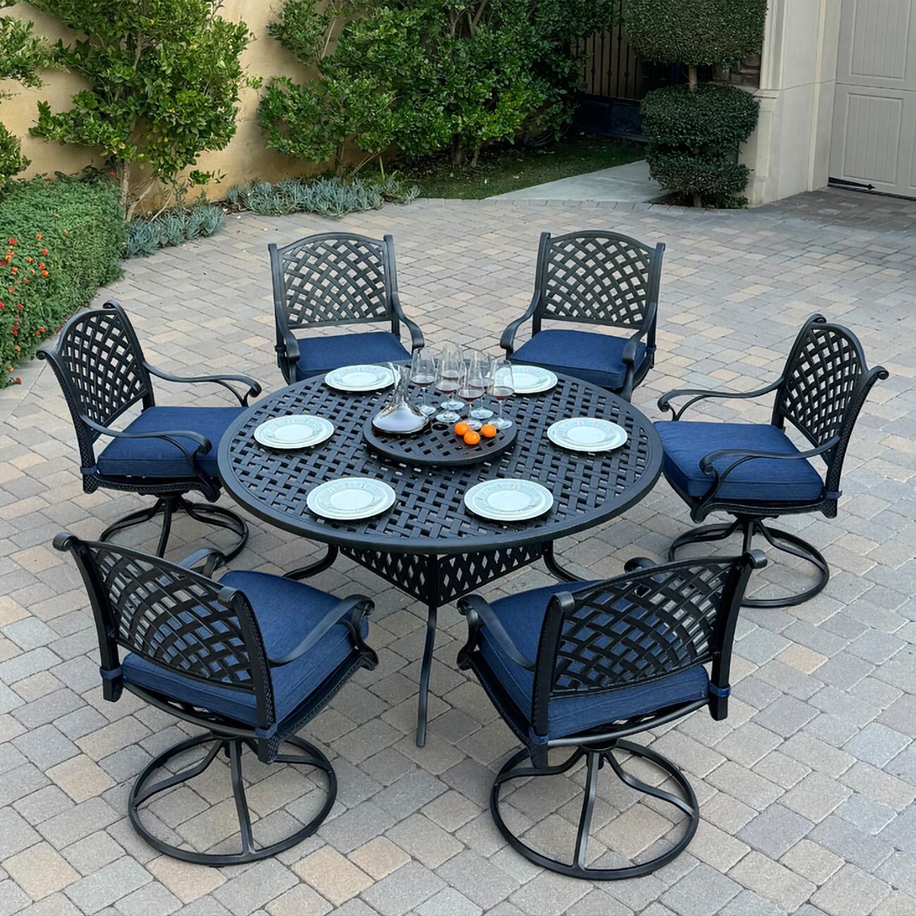 Darlee B/DL13-8PCAR-30D3921-N Nassau 8 Pc Cast Aluminum Dining Set in Antique Bronze w/ Navy Cushions - Set - Lifestyle thumbnail