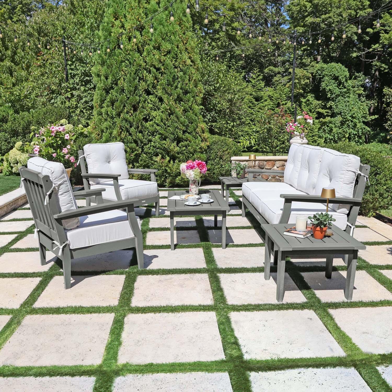 Blushing Bay 6 Pc Recycled Plastic Seating Set w/ Sofa in Bliss Linen/Coastal Teak by Lakeview Outdoor Designs - Side View - Lifestyle thumbnail
