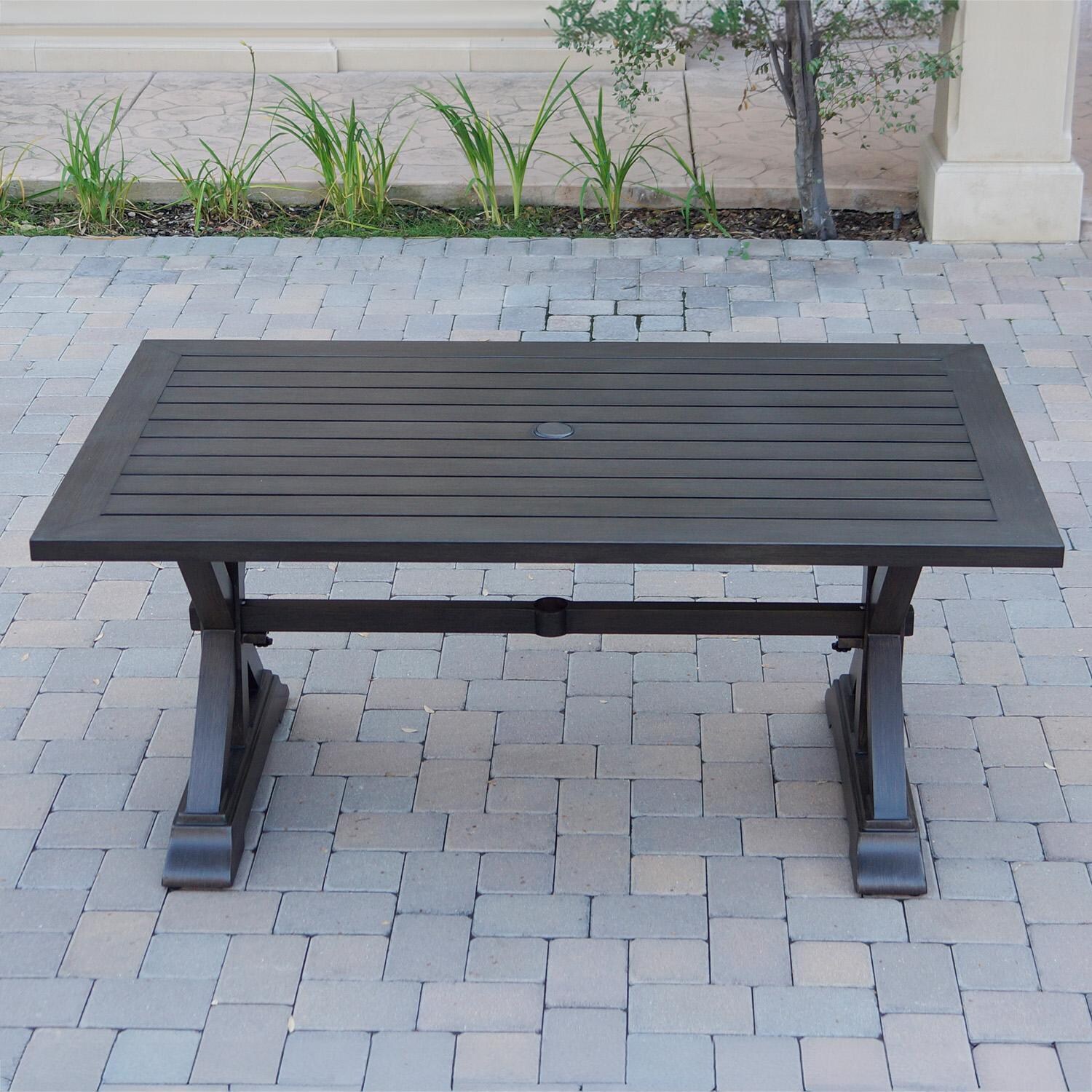 Darlee Brooklyn 5-Piece Patio Dining Set (with 2 Dining Chairs and 2 Benches) with Cushions and 39 X 67 Inch Rectangular Dining Table - Table Front - Lifestyle thumbnail