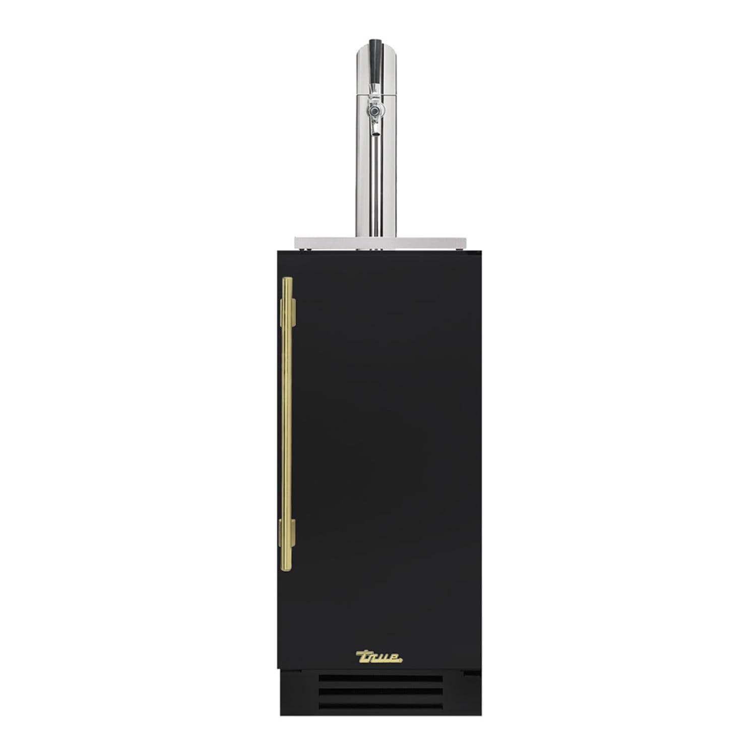 True TUR-15BD-R-OP-C~DSK-027-H01 15 Inch Right Hinge Outdoor Single Tap Beverage Dispenser - Matte Black w/ Brass Handle - White Background thumbnail