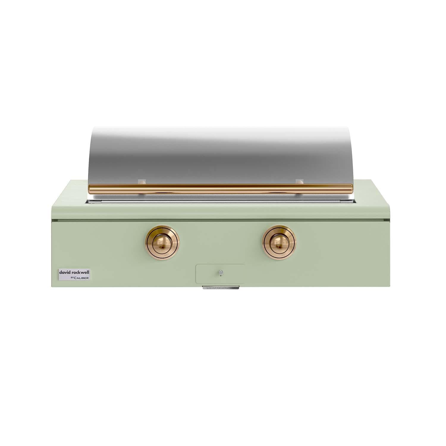 Caliber CRG-42BN00-A-129-H08 42-in Natural Gas Built-In Rockwell Grill - Sage w/ Gold Hardware - Closed Lid - White Background thumbnail