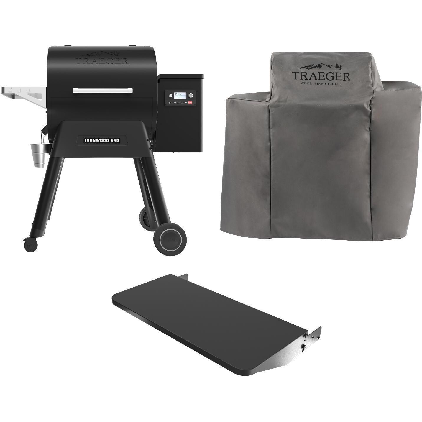 Traeger Ironwood 650 Wi-Fi Controlled Wood Pellet Grill W/ WiFIRE, Pellet Sensor, Front Shelf & Grill Cover - TFB65BLF + BAC362 + BAC505 image