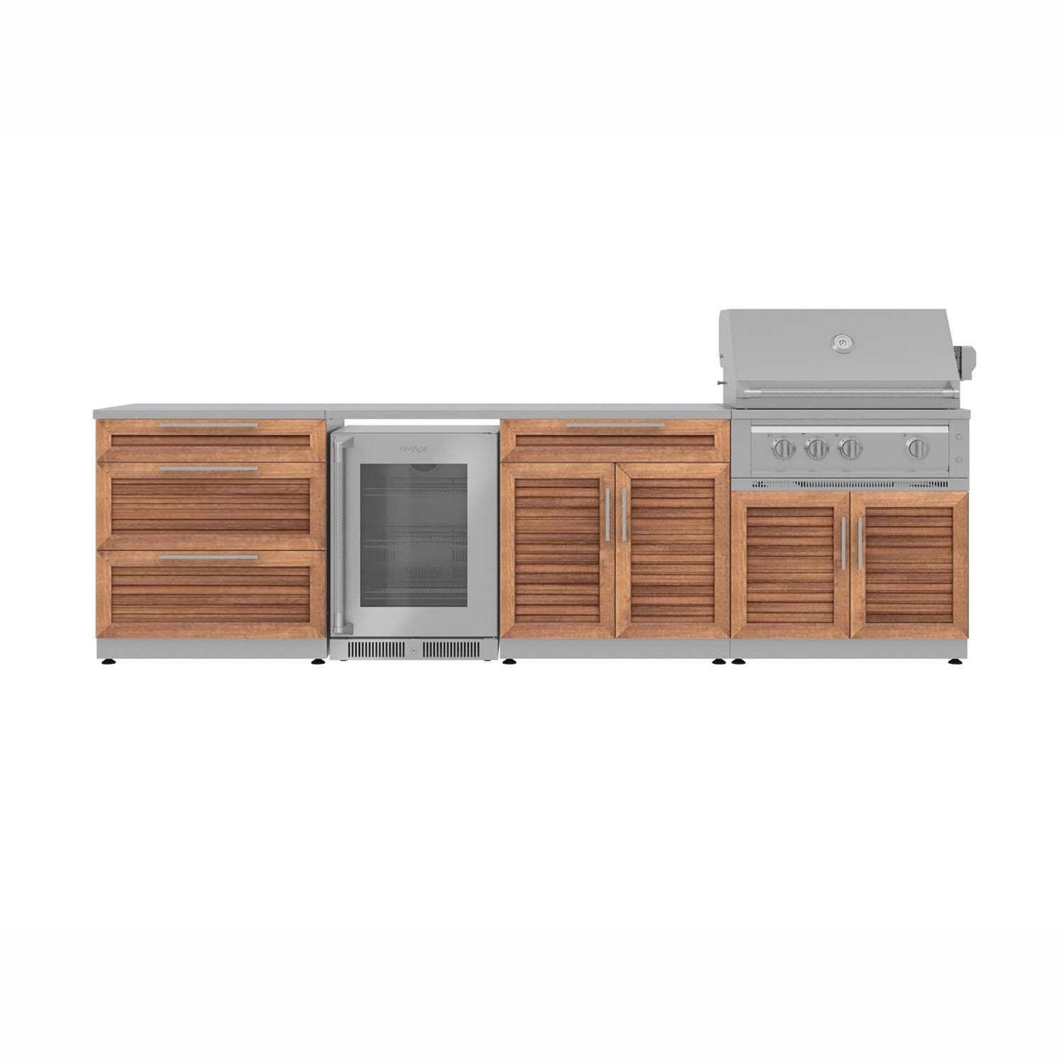 NewAge Products Classic Series 10 Ft Outdoor Kitchen Island w/ 33-in Natural Gas Grill, Glass Door Refrigerator, Trash Bin, Door & Drawer in Grove/Stainless Steel