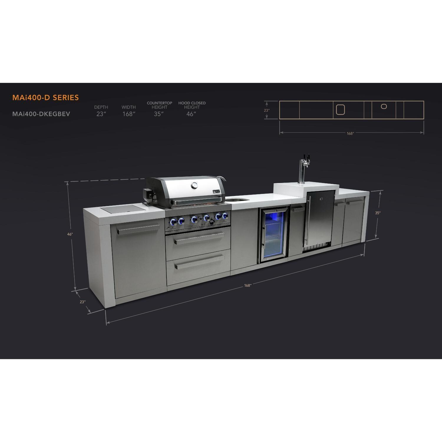 Mont Alpi 400 Deluxe Natural Gas Island w/ Kegerator & Beverage Center (Ships Propane w/ Conversion Kit) - Dimensions - Dimensional thumbnail