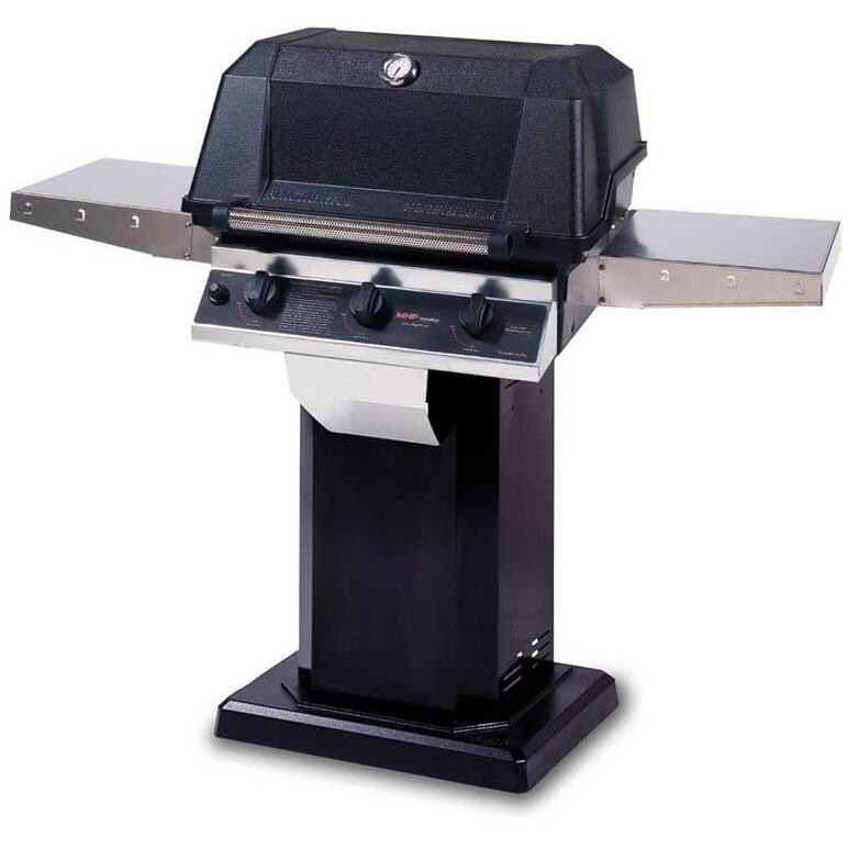 MHP Tri-Burn W3G4DD Natural Gas Grill With SearMagic Grids On Black Patio Base