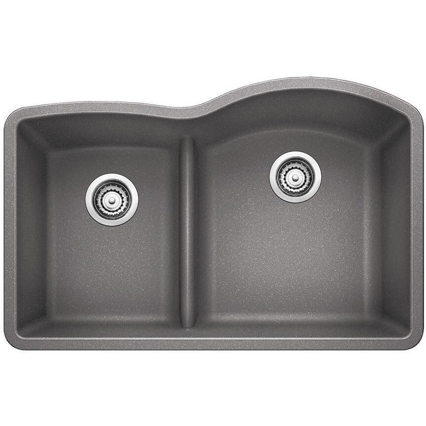 Blanco Diamond 30 X 20 Reverse Double Bowl Silgranit II Undermount Sink - Metallic Gray - 441601 (Shown With Drain - Not Included) thumbnail
