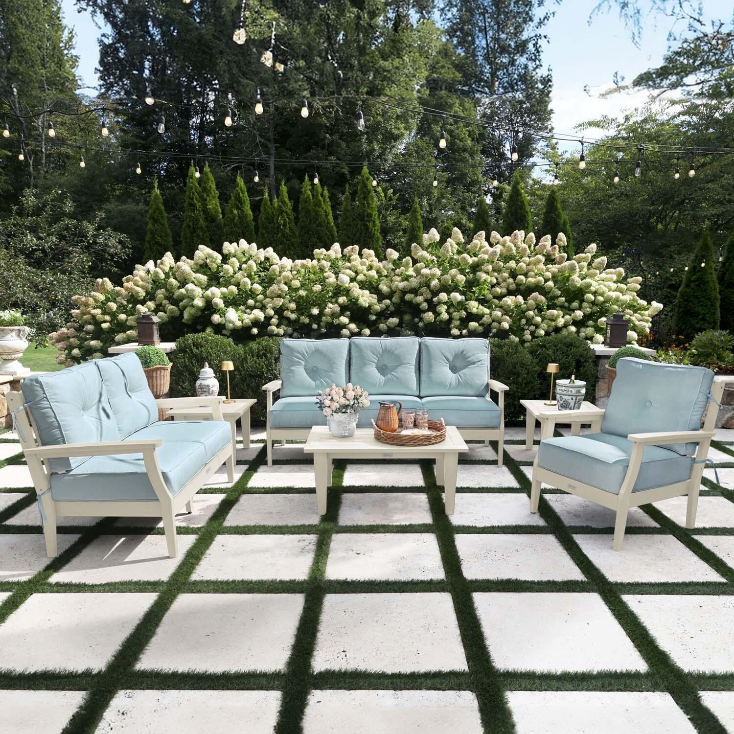 Blushing Bay 6 Pc Recycled Plastic Grand Seating Set in Bliss Dew/Whitewash by Lakeview Outdoor Designs - Lifestyle thumbnail