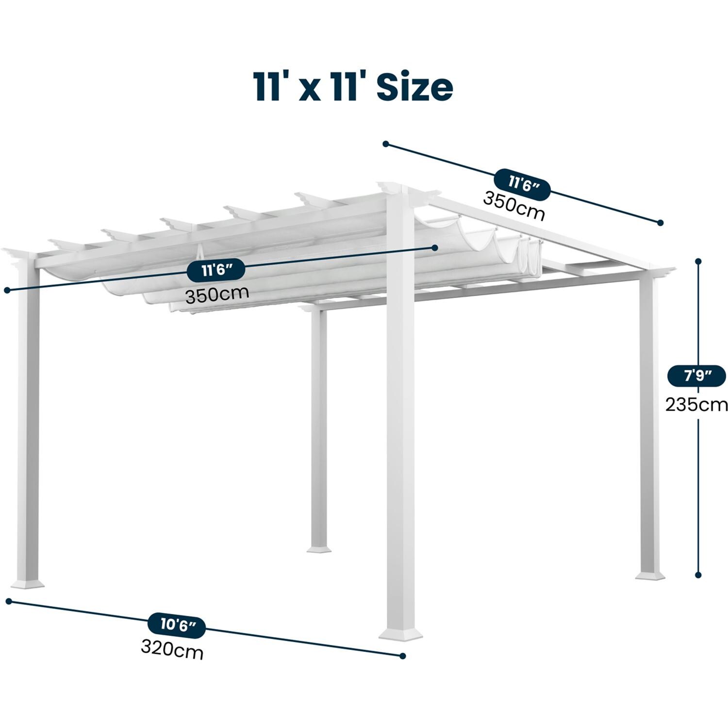 Paragon Outdoor PR11WTW Florence 11' x 11' White Pergola w/ White Canopy - Dimensions - Dimensional thumbnail