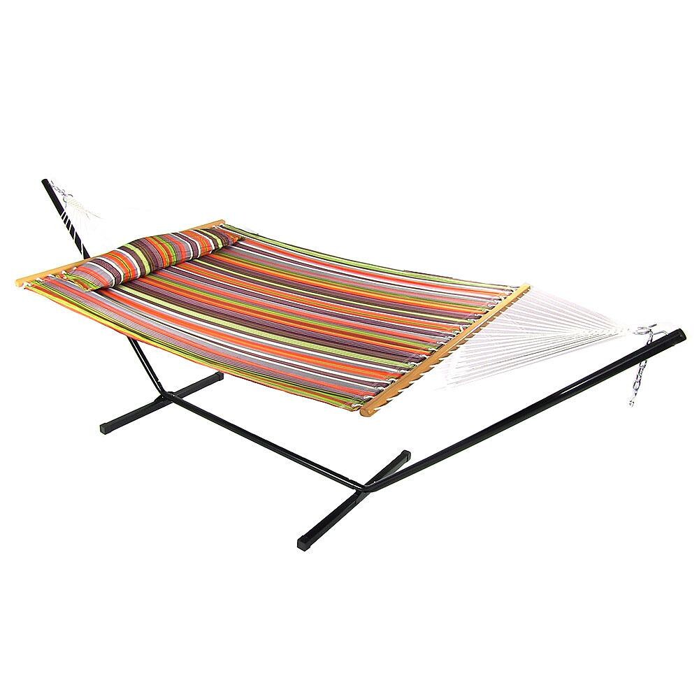 Sunnydaze Decor Quilted Double Hammock & Pillow w/ 12-Foot Black Stand - Canyon Sunset - LY-QFH-CS-COMBO