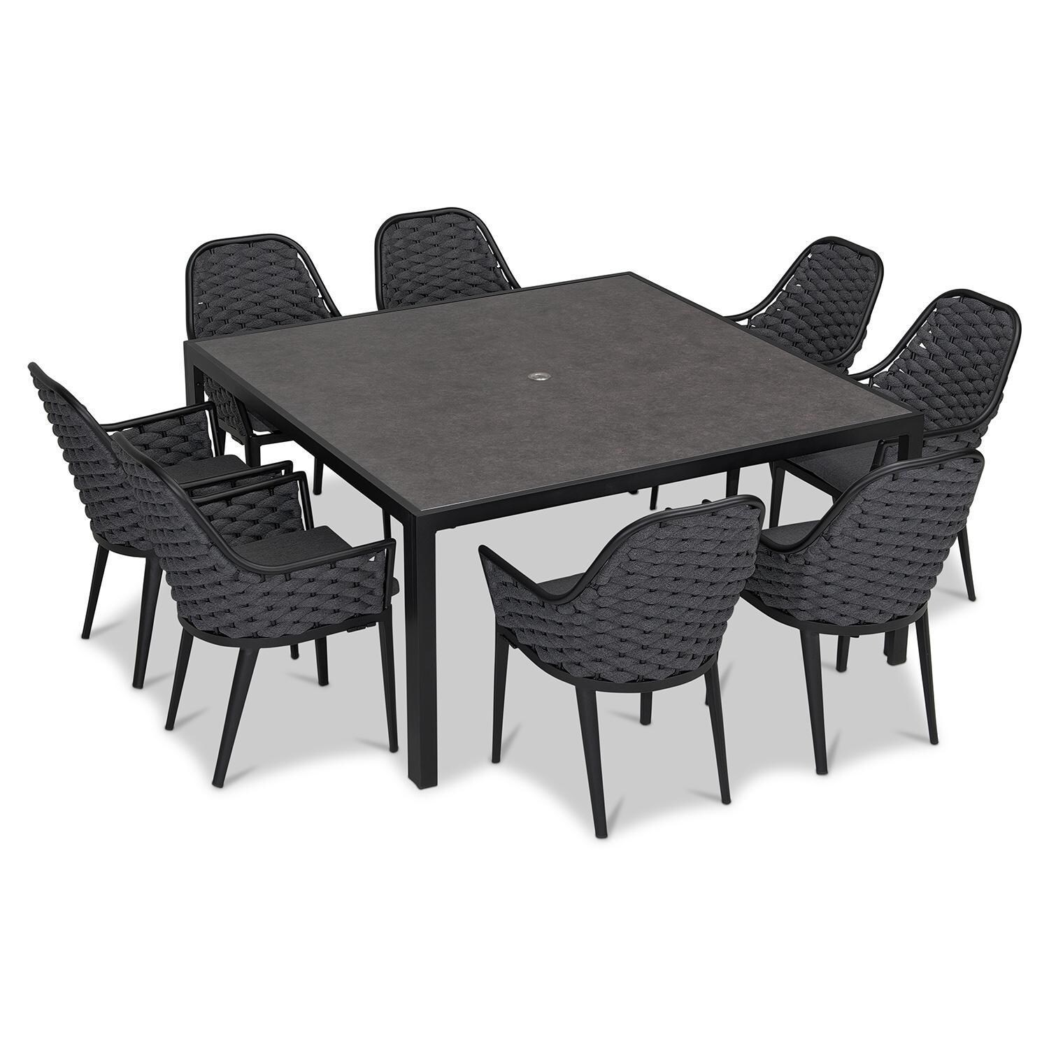 Chloe Bay 9 Pc Aluminum Square Dining Set in Black by Lakeview - Complete Set Top View - White Background thumbnail
