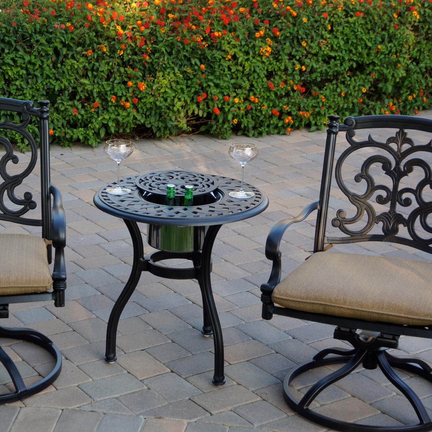 Darlee 201010-3PC-60RQ Santa Barbara 3 Piece Cast Aluminum Patio Bistro Set W/ Ice Bucket Insert & Sesame Cushions thumbnail