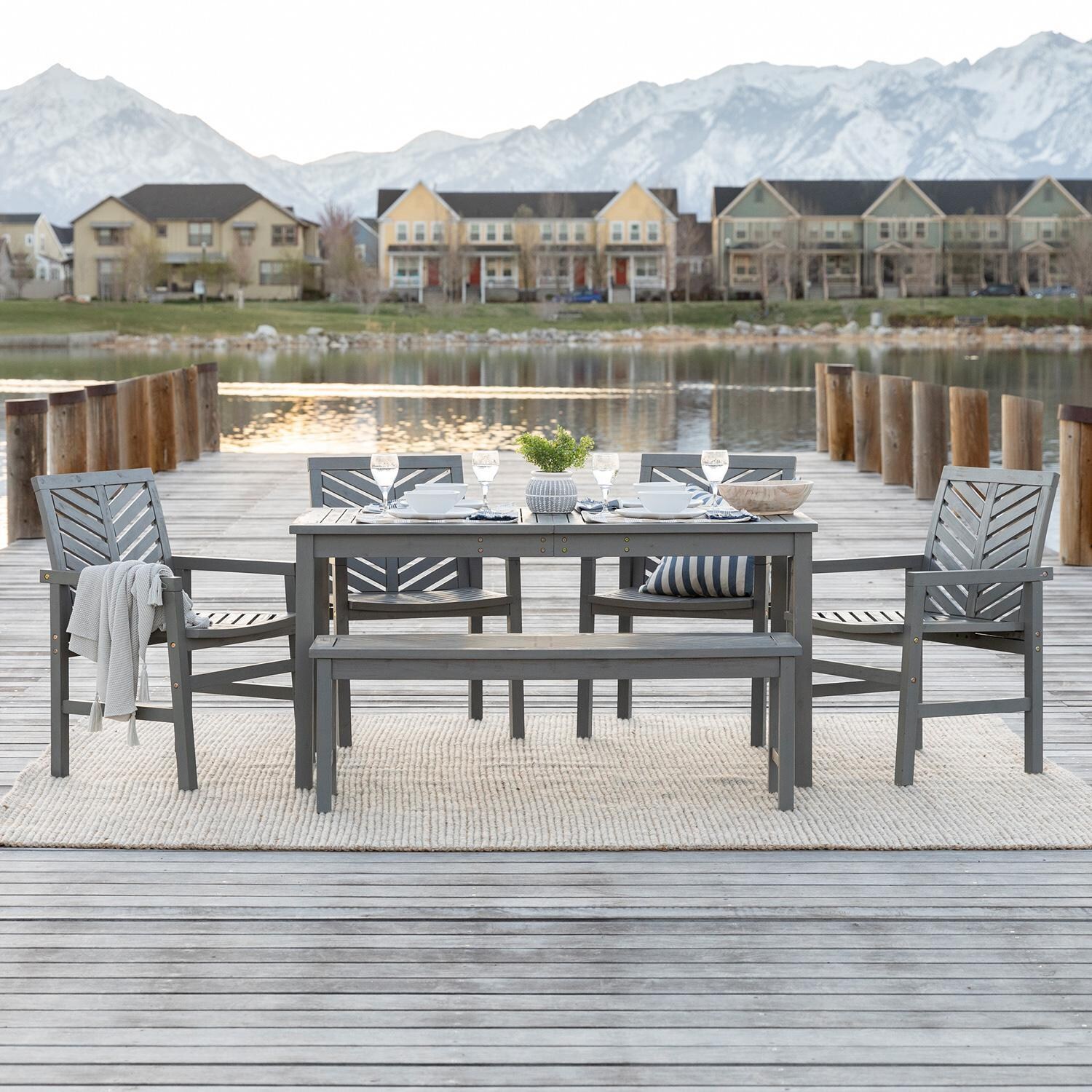Walker Edison Vincent 6 Piece Acacia Patio Dining Set W/ 60 X 32 Inch Rectangular Table - Grey Wash image
