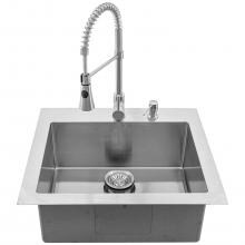 BBQGuys 25 X 22 Outdoor Rated Stainless Steel Drop-In Sink W/ Pull-Down Coil Spring Hot/Cold Faucet, Soap Dispenser, & Strainer