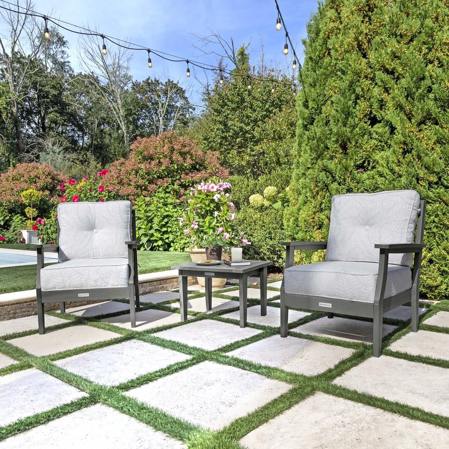 Blushing Bay 3 Pc Recycled Plastic Seating Set in Lively Parchment/Coastal Teak by Lakeview Outdoor Designs - Angled Right - Lifestyle thumbnail